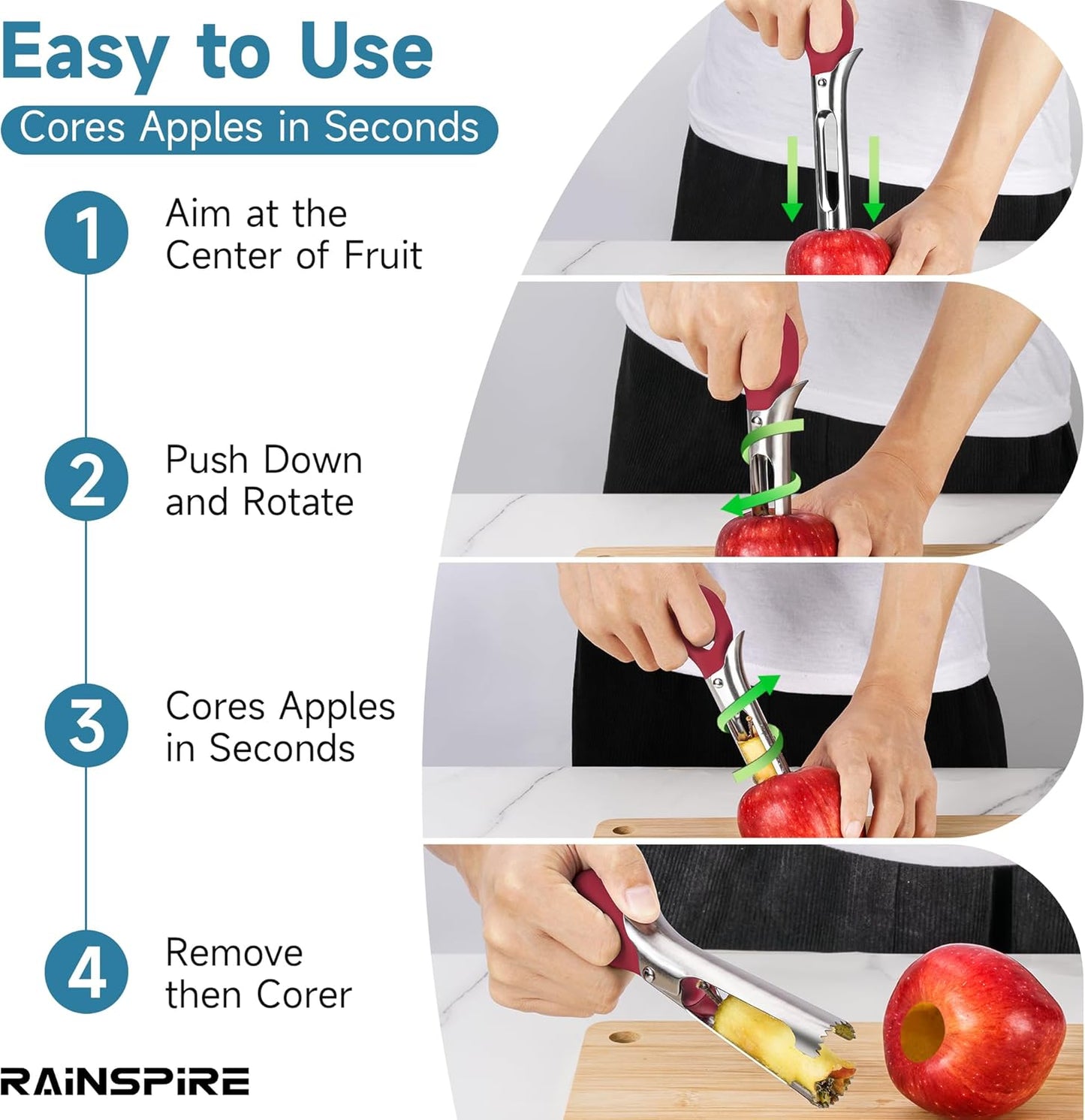 Rainspire Apple Corer Tool Kitchen Apple Core Remover Stainless Steel Comfortable Nonslip Handle, Dishwasher Safe, Red