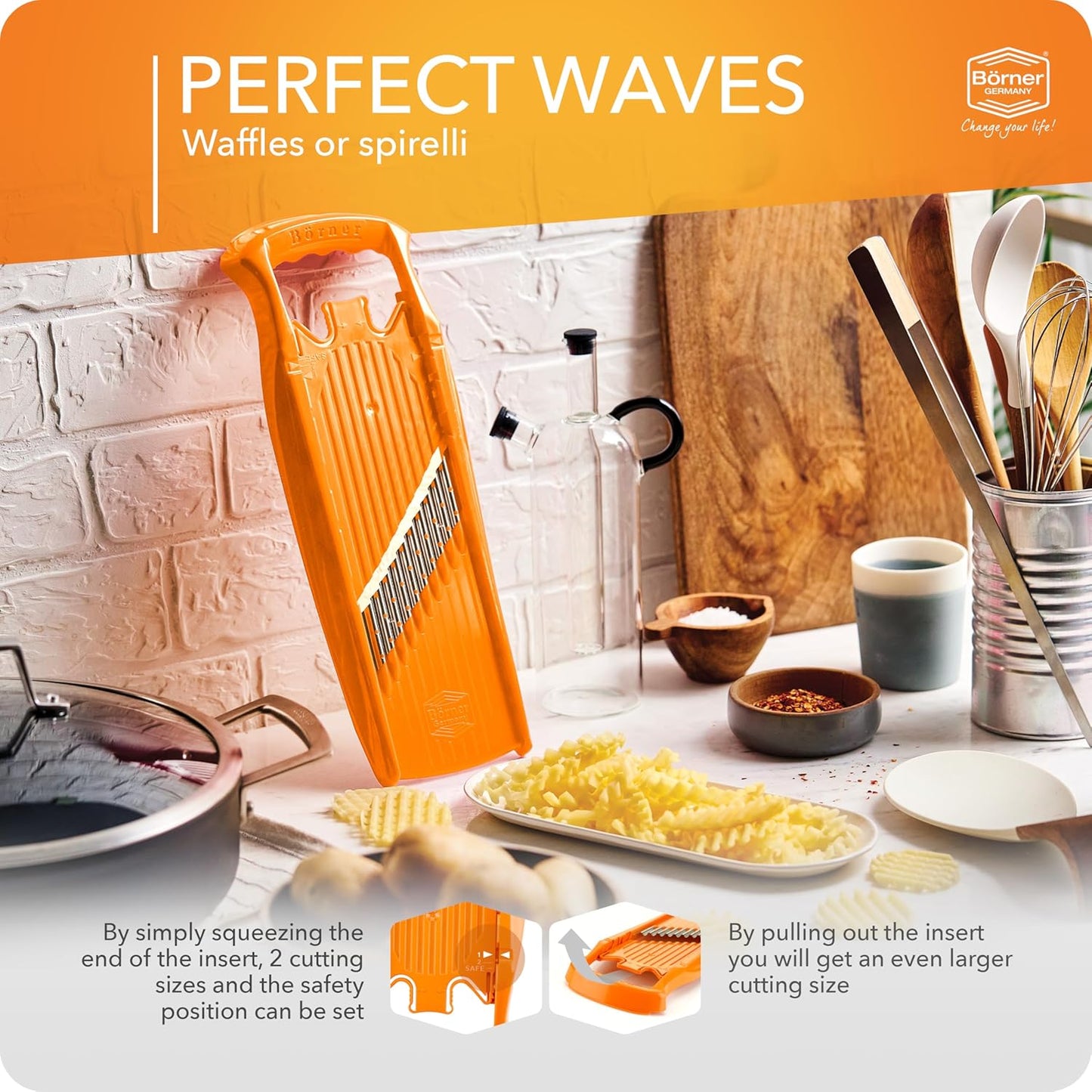 Börner by Reston Lloyd Wave-Waffle Power Line • Crinkle Cut/Spirelli Vegetable Slicer • Slicer for Wave Waffle Cut Style • Multiple Thickness Options • Made in Germany, Orange