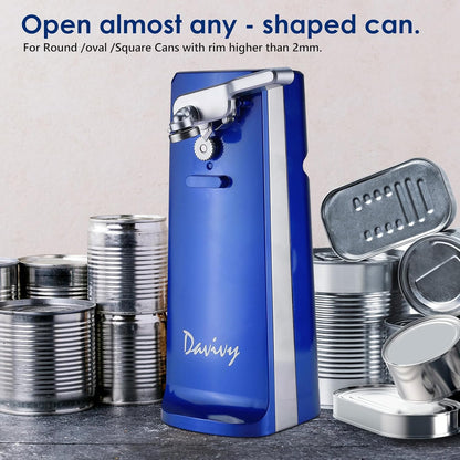 Davivy Electric Can Opener - One-Touch Hands-Free Operation,Removable Stainless Steel Cutter, 3-in-1 Design with Knife Sharpener&Bottle Opener(Blue)