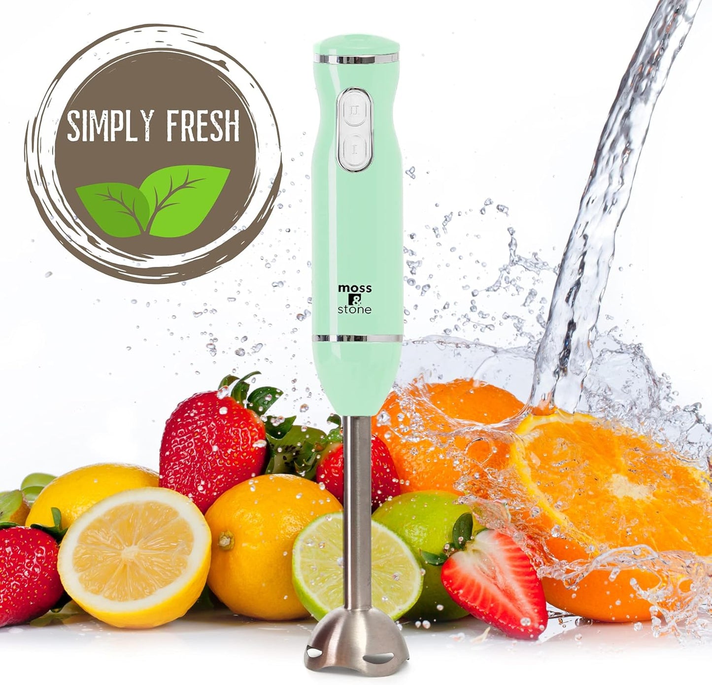 Moss & Stone Hand Blender With Egg Whisk & Chopper, Powerful 300 Watt - Stick Blender, Hand Mixer Set Stainless Steel Shaft & Blades, White Handheld Blender With Ergonomic Handle