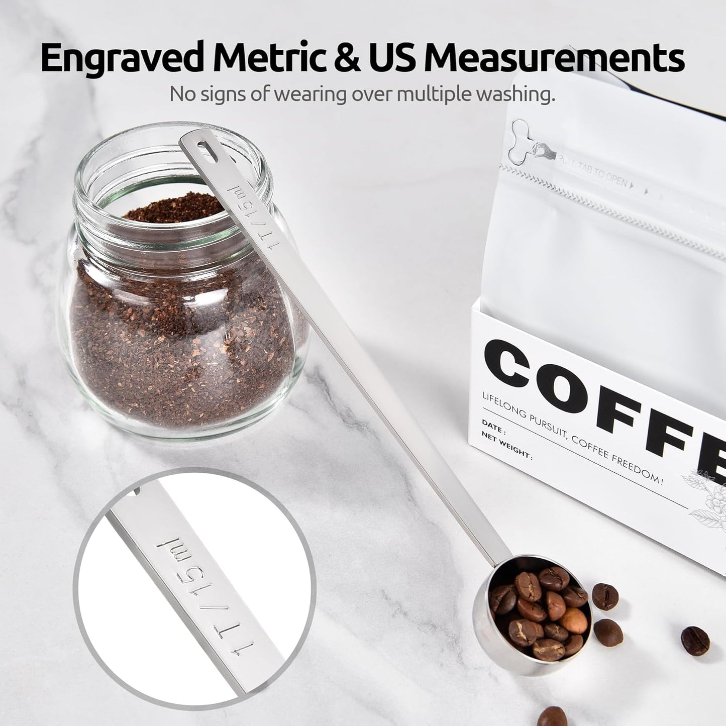 U-Taste Coffee Scoop 1 Tablespoon: 18/8 Stainless Steel Measuring Scooper for Ground Coffee, Bean, Powder, Espresso, 4.3in Long Handle Metal Measure Spoon for Canister, Jar (1Tbsp/15ml)