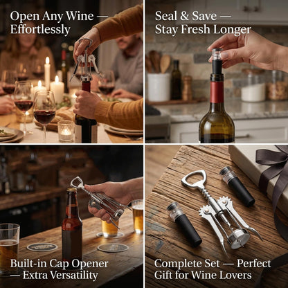 Wing Corkscrew Wine Opener Set, Zinc Alloy Manual with Built-in Cap Opener and 2 Vacuum Stoppers, Stainless Steel, Heavy Duty, 7-Inch