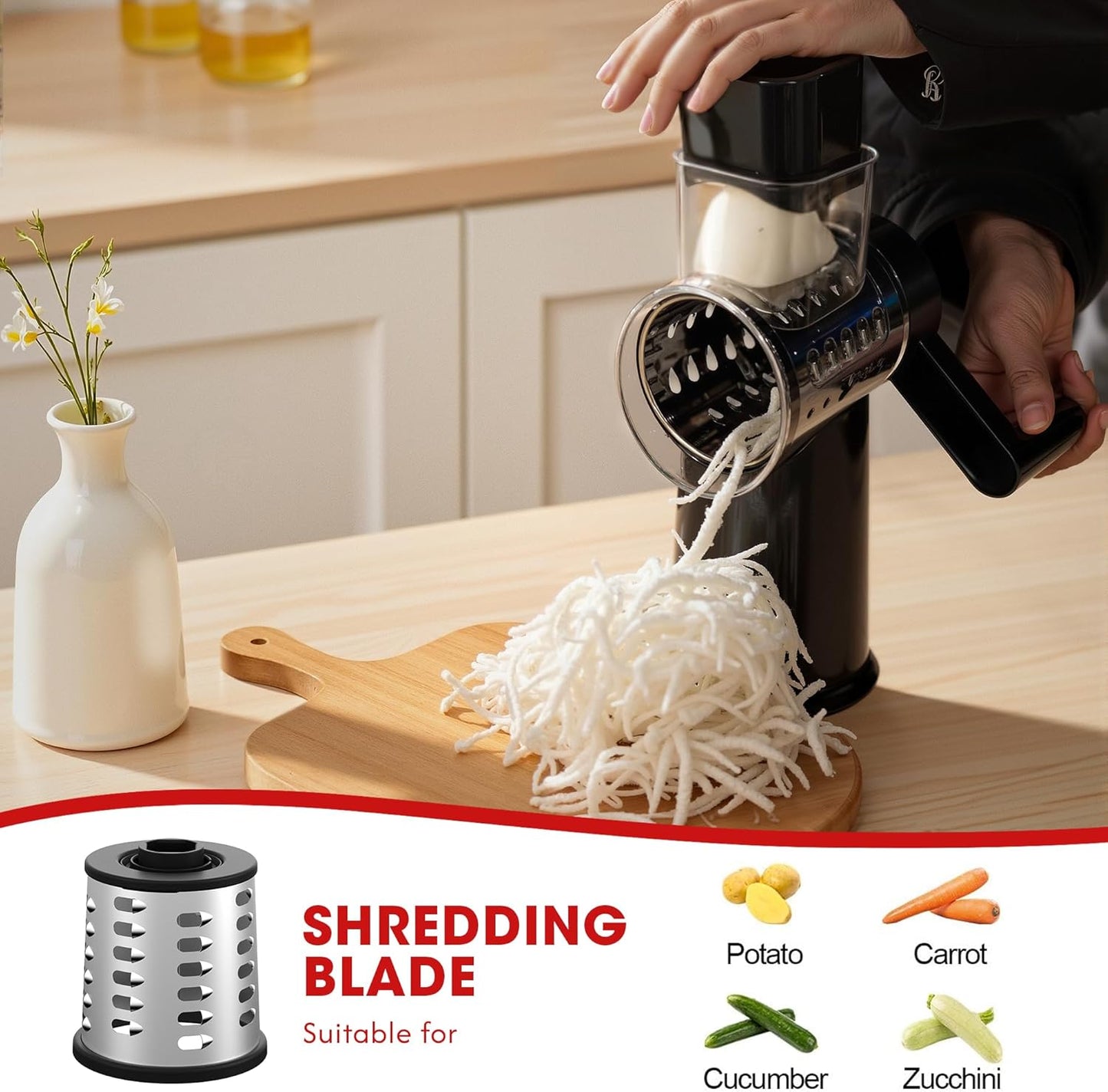 Rotary Cheese Grater Hand Crank with Foldable Handle, 3 Stainless Steel Blades, Perfect Graters for Kitchen, Manual Cheese Shredder Hand Crank with Suction Base, Rotary Grader, (Black)