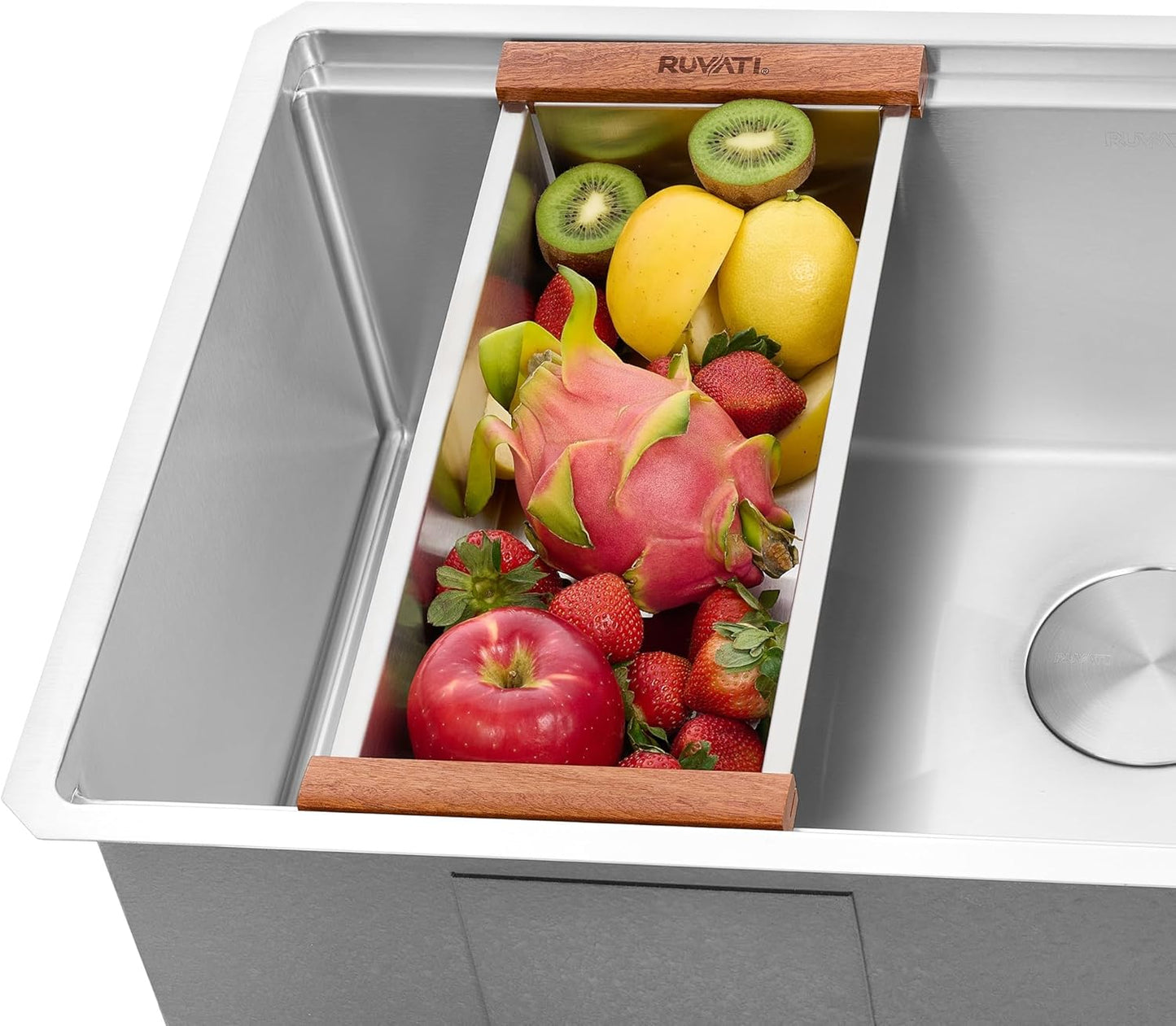 Ruvati Workstation Sink Colander 17.25 inch Stainless Steel with Wooden Handles - RVA1317