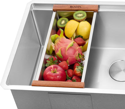 Ruvati Workstation Sink Colander 17.25 inch Stainless Steel with Wooden Handles - RVA1317