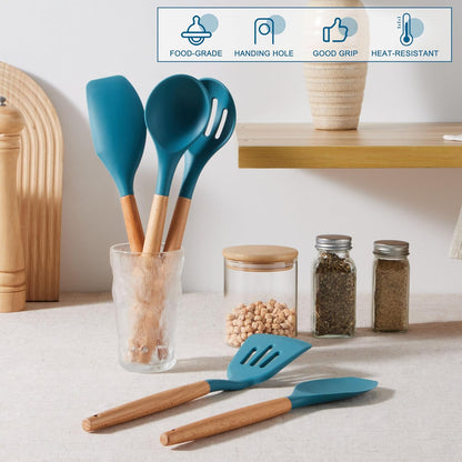 E-far Silicone Cooking Utensils Set, 10-Piece Heat Resistant Kitchen Utensils Set with Wooden Handle for Nonstick Cookware, Kitchen Nonstick Tools Spatula Whisk Tongs Ladle, Non-toxic & Healthy(Khaki)