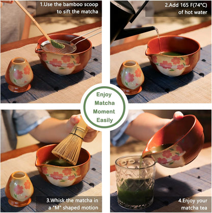 Matcha Whisk Set, 5 Pcs Traditional Japanese Matcha Whisk Preparation Kit, White Glossy Ceramic Bowl with Black Cat and Strawberry Pattern