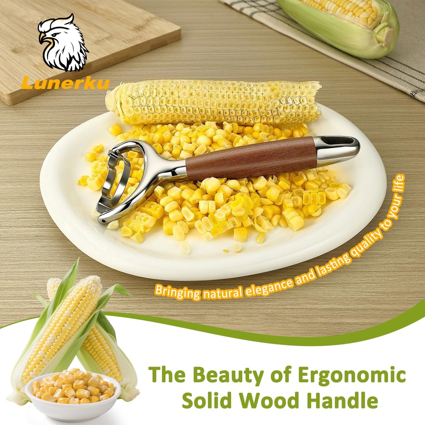 Stainless Steel Corn Peeler, Durable Corn on the Cob Stripper Tool with Solid Wood Good Grip Handle for Salad Polenta Pizza Popcorn Cooking Gifts for Woman Her Mom Birthday (Exotic Ebony)