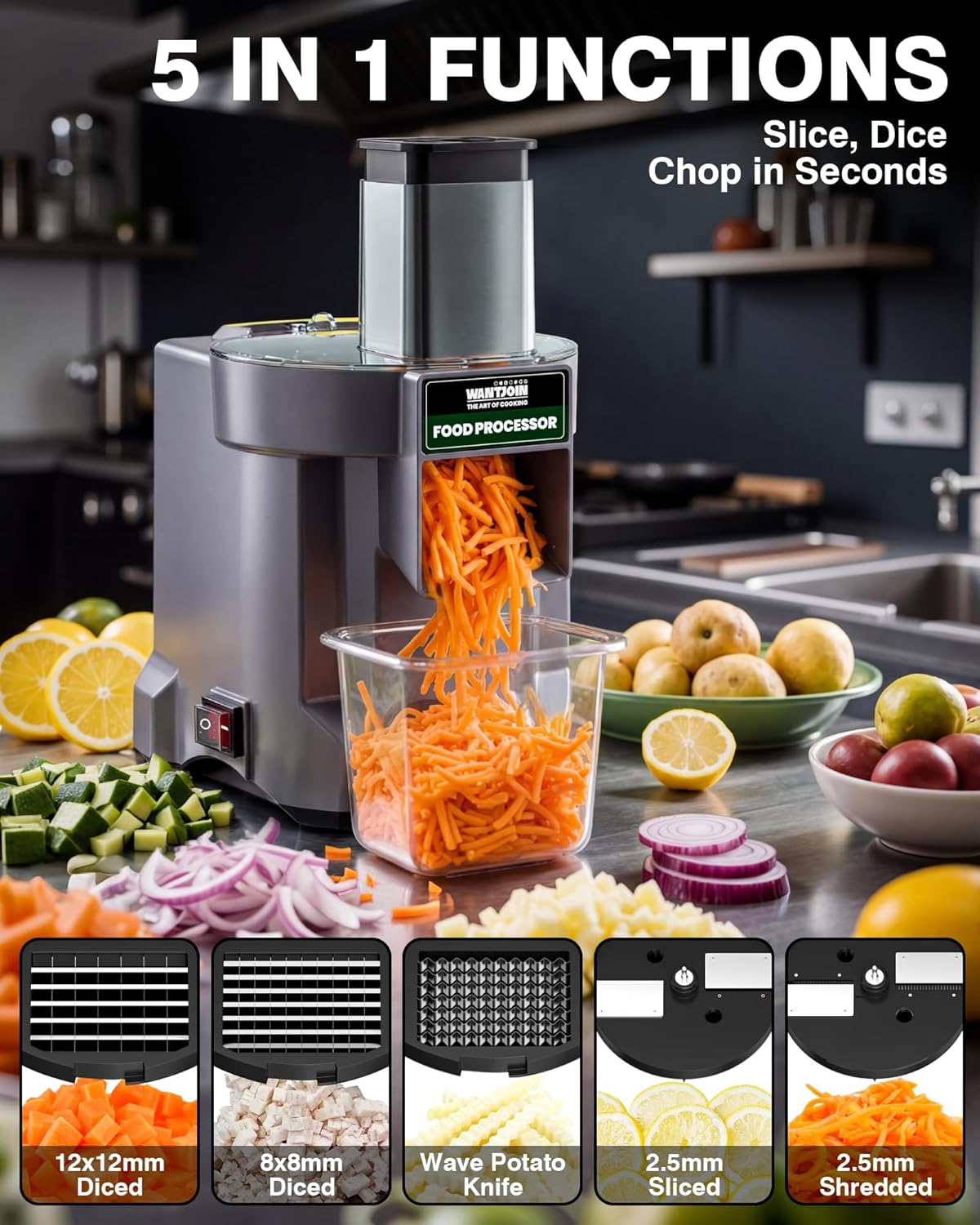 WantJoin 5 in 1 Electric Vegetable Chopper - Multifunctional Commercial Vegetable Dicer Food Fruit Processor Stainless Steel Blades for Slicing(2.5mm), Dicing(8/12mm), Chopping(2.5mm),Shredding