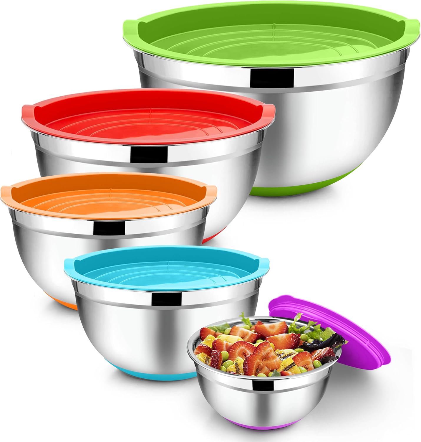 TeamFar Mixing Bowls with Lids Set, 7/3.5/2.5/1.5/1 QT, Stainless Steel Large Red Nesting Metal Salad Mixing Bowl Set of 5, Healthy & Easy Clean, Airtight Lid & Non-slip Bottom