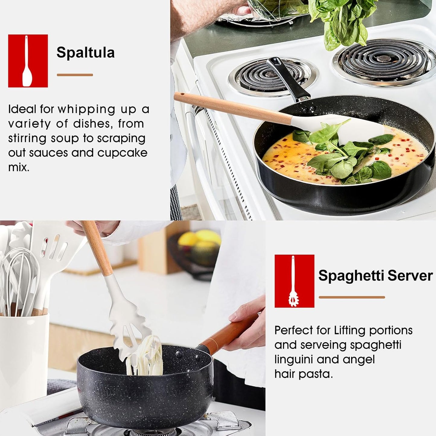 E-far Cooking Utensils Set of 6, Silicone Kitchen Utensils with Wooden Handle, Non-stick Cookware Friendly & Heat Resistant, Includes Spatula/Ladle/Slotted Turner/Serving Spoon/Spaghetti Server(Khaki)