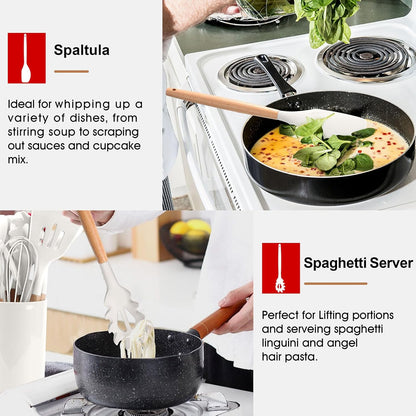 E-far Cooking Utensils Set of 6, Silicone Kitchen Utensils with Wooden Handle, Non-stick Cookware Friendly & Heat Resistant, Includes Spatula/Ladle/Slotted Turner/Serving Spoon/Spaghetti Server(Khaki)