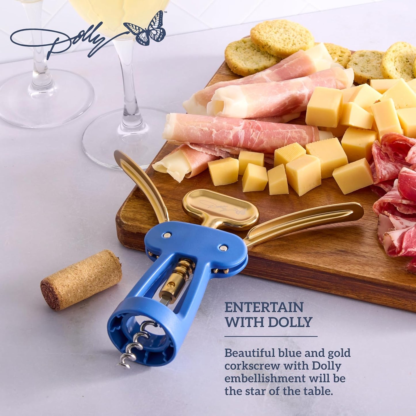 Dolly Parton Wing Corkscrew, Blue and Gold Wine Bottle Opener with Ergonomic Grip, Stylish and Easy One-Piece Cork Removal, 2.55 x 1.71 x 6.69 Inch