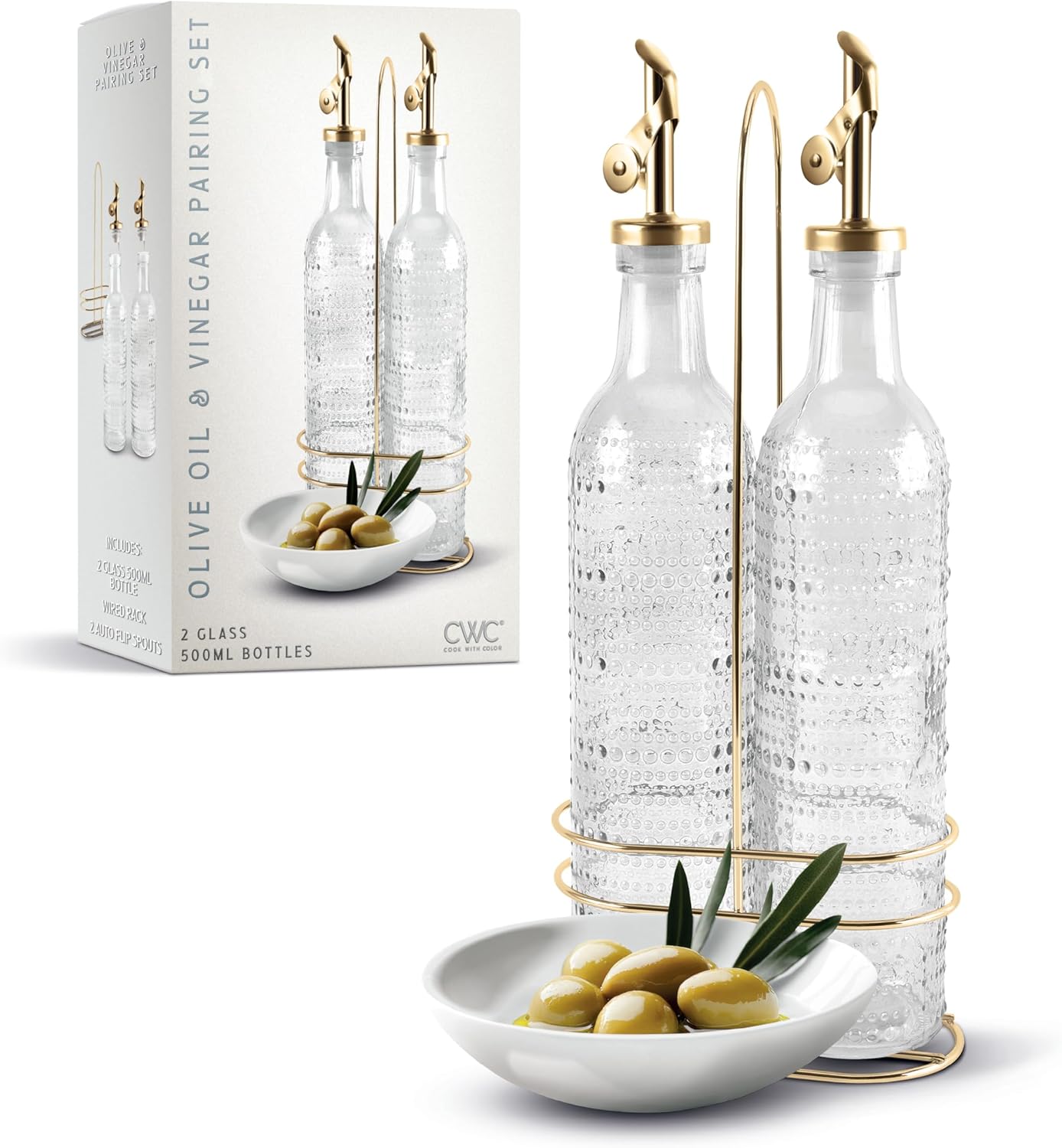 COOK WITH COLOR Glass Olive Oil Bottle Dispenser - 2 Pack- 17oz Oil and Vinegar Cruet - Olive Oil Carafe Decanter for Kitchen, Elegant Waves, Clear