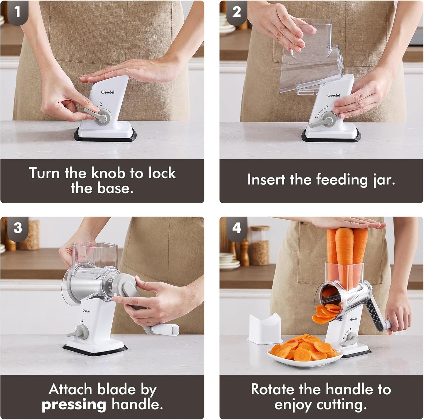 Geedel Rotary Cheese Grater - Upgraded Vegetable Shredder with 4 Interchangeable Blades, Easy to Clean Cheese Shredder with Handle, Kitchen Grater Nuts Grinder for Cutting Cheese, Vegetable, Nuts