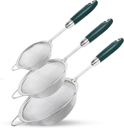 Stainless Steel Fine Mesh Strainer Set (3 Sizes 12/14/18cm, 40 Mesh) – 304 Food Grade, For Pasta, Rice, Flour & Tea – Reinforced Handle, Hook Rest, Heat-Safe Grip, Dishwasher Safe