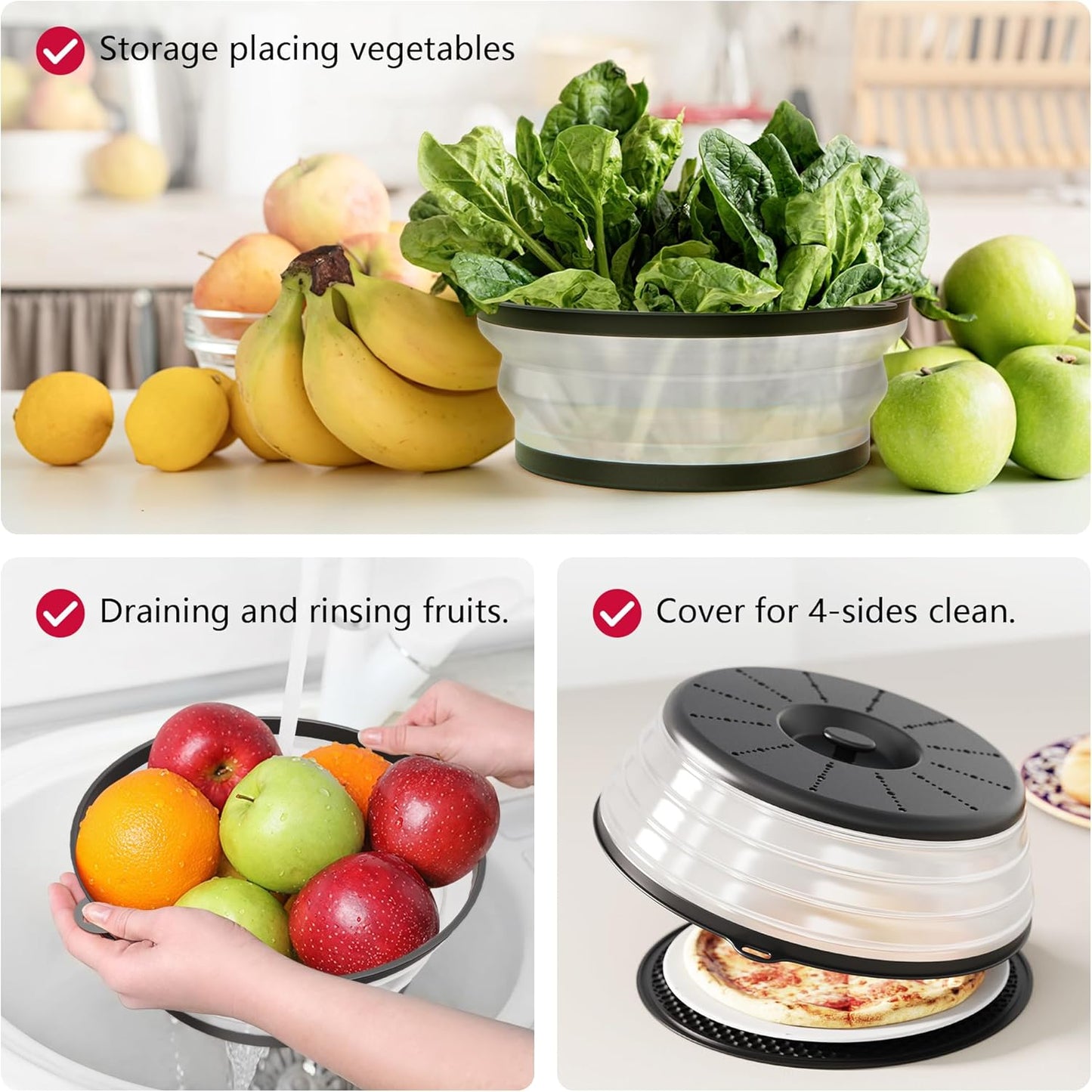 WVM Microwave Splatter Cover Vented for Food with Hook Hole, Splatter Guard & Colander Kitchen Gadget for Food, Meal Prep, Grey