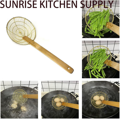 Sunrise Kitchen Supply 6" Round Brass Spider Strainer with Bamboo Handle