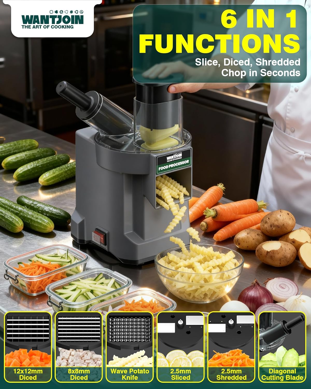 WantJoin 5 in 1 Electric Vegetable Chopper - Multifunctional Commercial Vegetable Dicer Food Fruit Processor Stainless Steel Blades for Slicing(2.5mm), Dicing(8/12mm), Chopping(2.5mm),Shredding