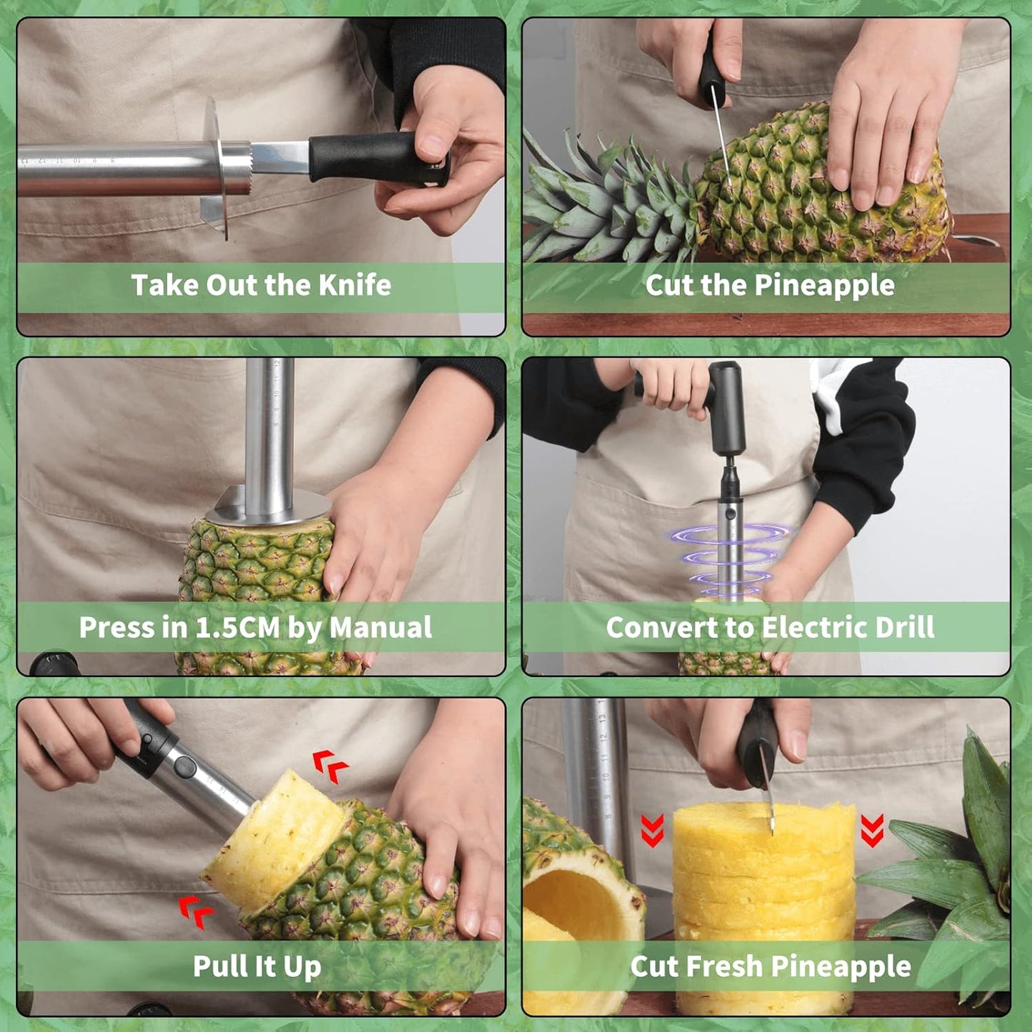 Newness Pineapple Corer with Knife, [Upgraded, Electric & Manual] Stainless Steel Fruit Pineapple Cutter with Electric Drill Accessory, Pineapple Slicer Remover Kitchen Tool with Measure Mark, Yellow