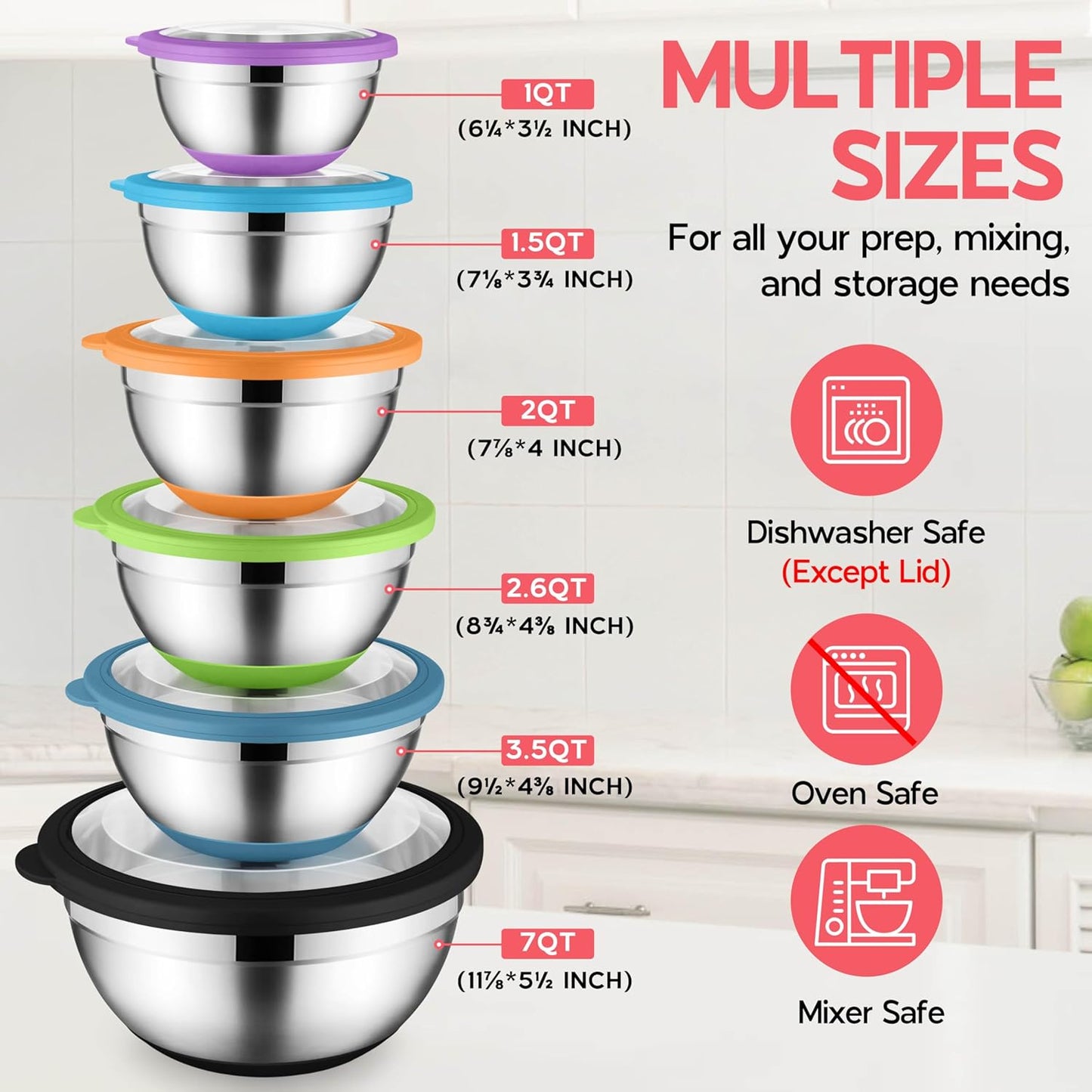 Onader Mixing Bowls with Lids Set of 6, Large Metal Nesting Mixing Bowls, Stainless Steel Non-Slip Salad Bowl Khaki – Size 1, 1.5, 2, 2.6, 3.5, 7QT