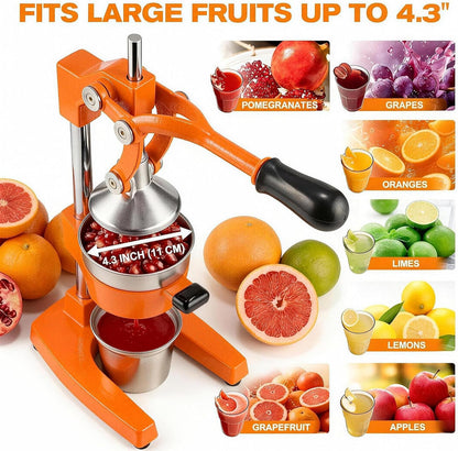 Cast Iron Citrus Juicer - 13.8LB Heavy Duty Manual Orange Press, 304 Stainless Steel Cup & Strainer, Professional Lemon Grapefruit Pomegranate Squeezer for Home Bar Kitchen, Orange
