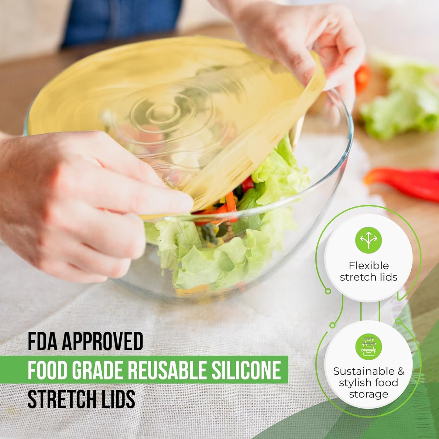 Reusable Silicone Stretch Lids for Food Storage in Fridge - Elastic Heat-Resistant Bowl Covers, Cups, Cans, Jars - Universal Food Grade Lid for Round and Rectangle Containers - Dishwasher Safe -7 Pack