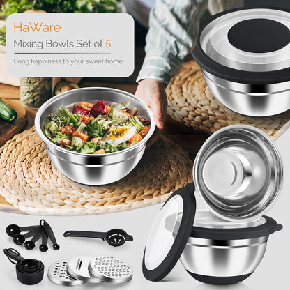 HaWare Mixing Bowls, 24-Piece Stainless Steel Salad Serving Bowl with Airtight Clear Lids, Metal Nesting Bowl For Kitchen Cooking Prepping Storing with 3 Graters, 4.6/2.6/1.5/1/0.7 QT, Khaki