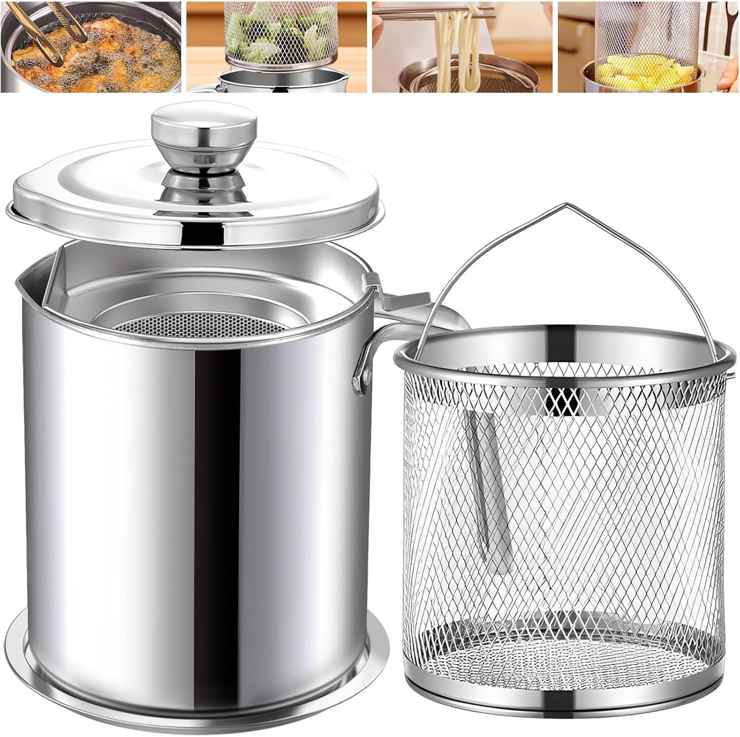 Chihee Grease Container Stainless Steel Bacon Grease Saver with Fine Mesh Strainer 2L / 67.6 fl oz Cooking Oil Keeper Stoarge Can with Dust-proof Lid Non-slip Tray for Kitchen Frying