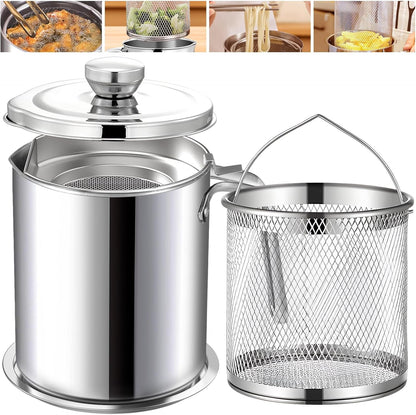 Chihee Grease Container Stainless Steel Bacon Grease Saver with Fine Mesh Strainer 2L / 67.6 fl oz Cooking Oil Keeper Stoarge Can with Dust-proof Lid Non-slip Tray for Kitchen Frying
