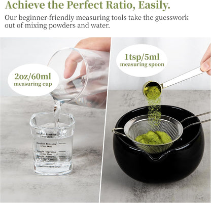 YIBO Matcha Whisk Set With Bowl, Ceramic Matcha Making Kit Includes Bamboo Whisk (Chasen), Holder Stand, Powder Starter Sifter, Scoop, Measuring Spoon & Cup Tea Tools For Ceremony (Mottled Green)