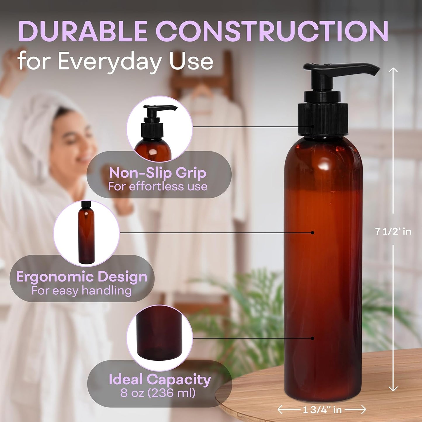 BRIGHTFROM Lotion Pump Bottles, Empty 8 OZ, BPA-Free Refillable Plastic Containers, Amber with Black Dispenser for - Soap, Shampoo, Lotions, Liquid Body Soap, Creams and Massage Oil (2 Pack)