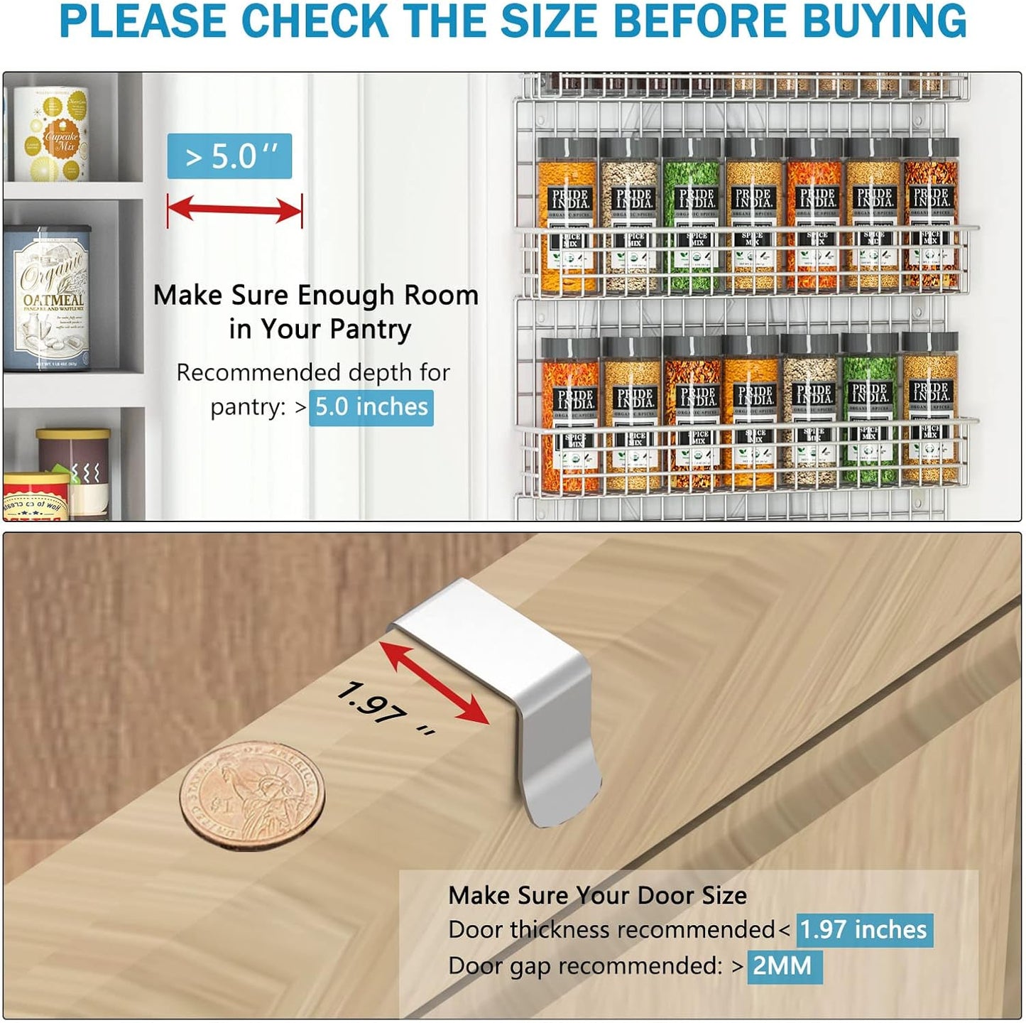 JKsmart 6-Tier Spice Rack Organizer with Door Hook, Wall Mounted & Over the Door Spice Racks for Kitchen Pantry Door Cabinet, Two Size, Large Capacity, Black