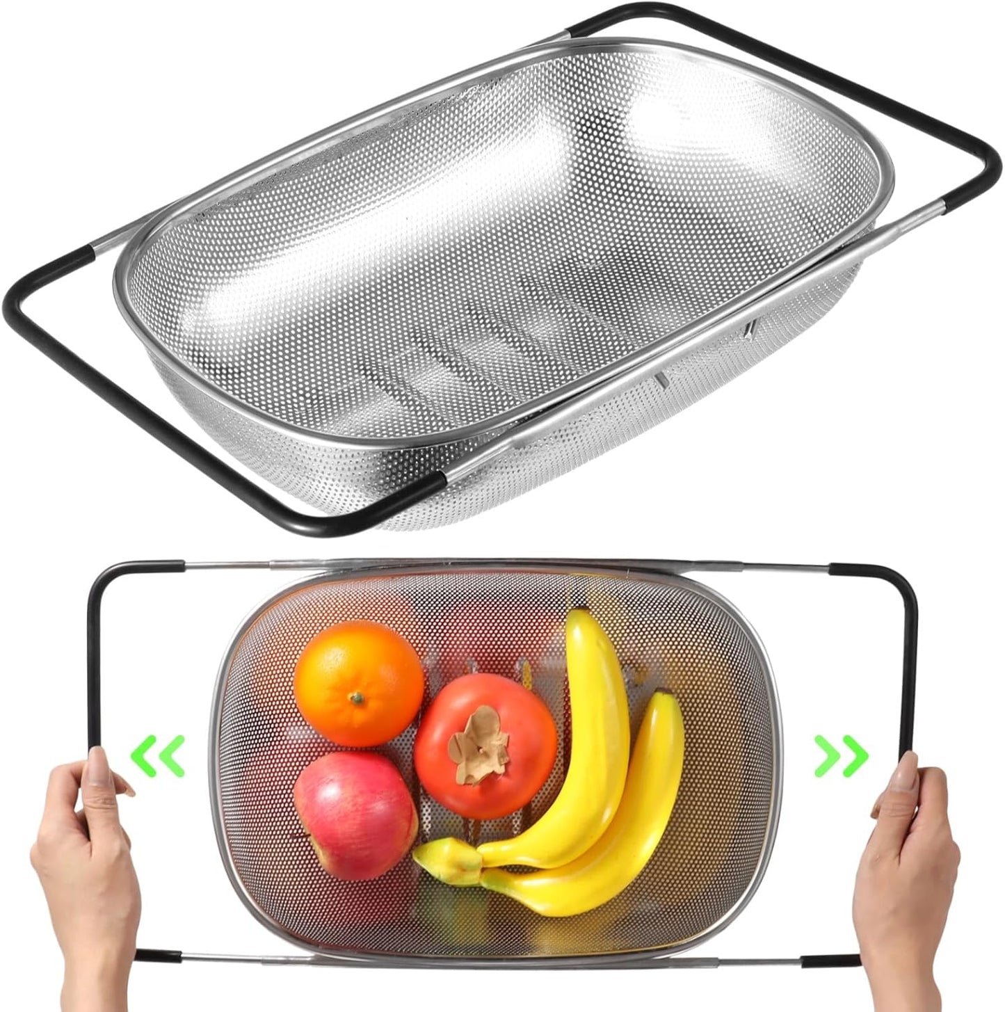2 Pcs Over the Sink Colander, Strainers and Colanders for Kitchen Sink Strainer Basket with Expandable Handles Stainless Steel Strainer,Pasta Vegetable Food Fruit Strainer
