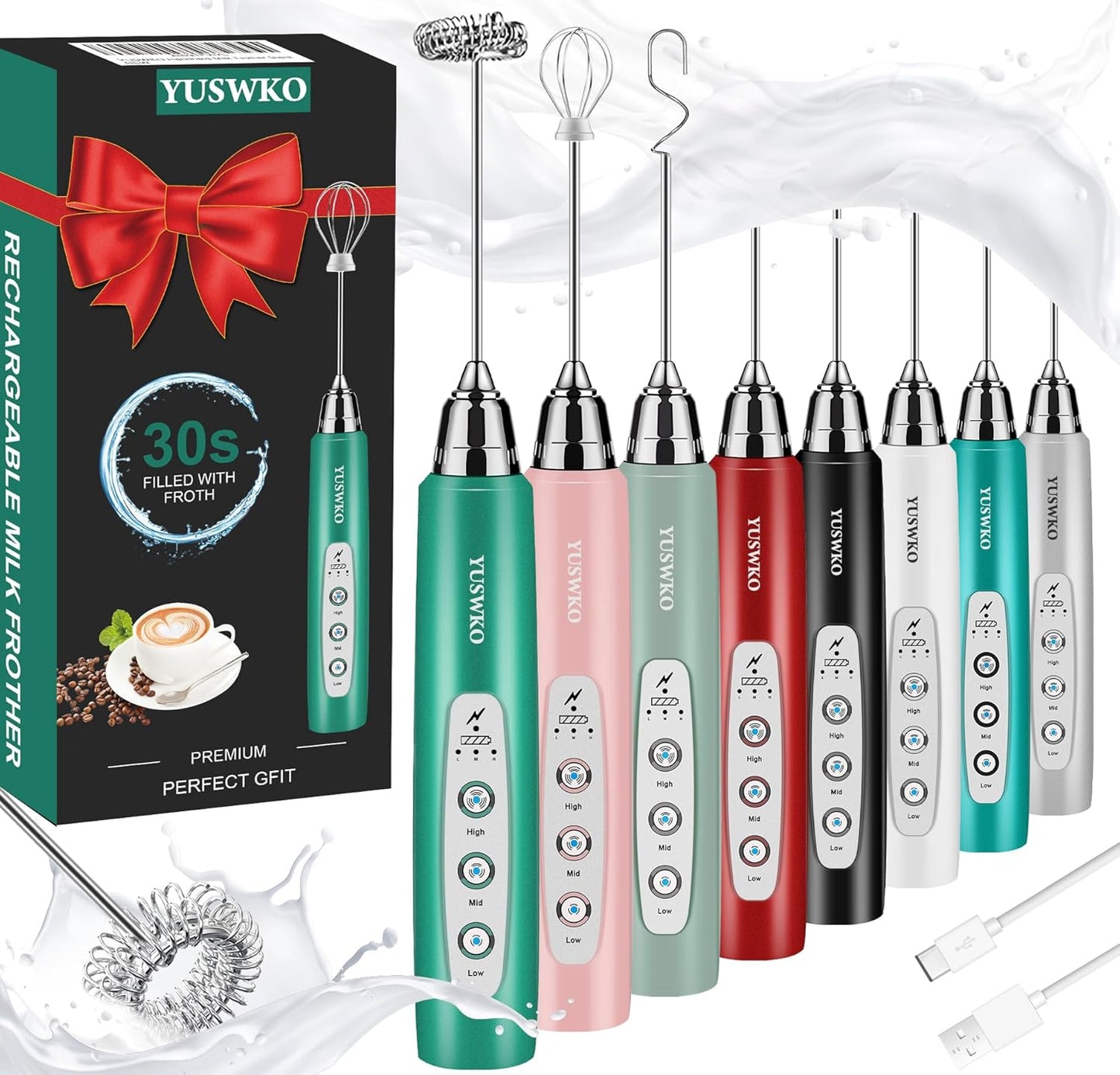 YUSWKO Black Handheld Milk Frother Wand for Coffee, Rechargeable Electric Whisk with 3 Heads 3 Speeds Drink Mixer Coffee Frother For Latte, Cappuccino, Hot Chocolate, Egg