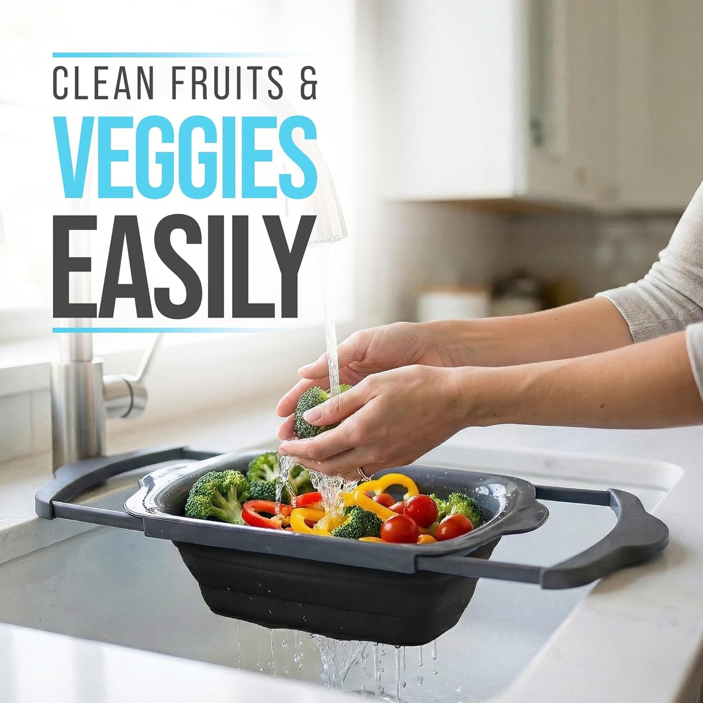 Comfify XL Large Kitchen Strainer - Collapsible Silicone Over - The-Sink Colander with Extendable Handles - Use with Pasta, Fruit, Berries & Veggie - 6 Quart - Blue