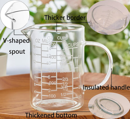 Ackers Etched Graduated Glass Measuring Cup - [Insulated Handle | V-Shaped Spout] - High Borosilicate Glass Measuring Cup for Kitchen or Dining, Easy to Read, 500 ML (16 Oz, 2 Cup)