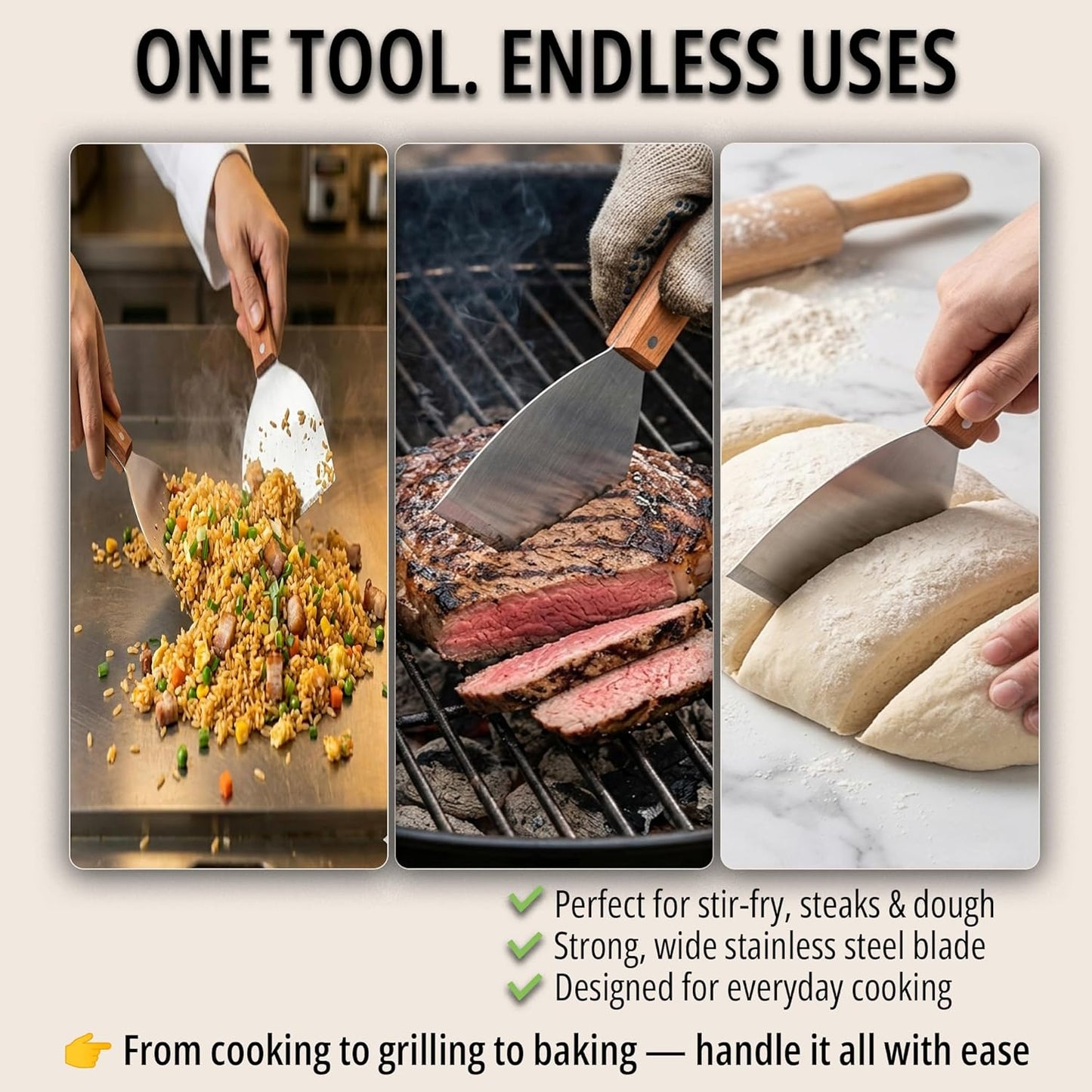 Multipurpose Bench Scraper, Dough Scraper and Dough Cutter for Flat Top Griddle, Bread, Pizza, and Pastry – Stainless Steel Griddle Scraper Chopper for Baking and Cooking