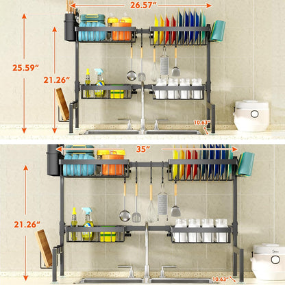 YKLSLH 4 Baskets Over The Sink Dish Drying Rack, Extendable Large Capacity Sink Rack, Metal Drying Rack Saving Space,for Most Sinks (26.57"-35")