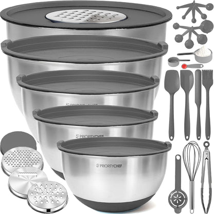 Priority Chef Stainless Steel Mixing Bowls with Lids Set, Metal Nesting Bowls with Airtight Lids, Graters, Non-Slip Base & Measurement Marks, Includes Utensil Set for Prep, Baking & Storage, Black