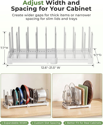 EVERIE Adjustable Bakeware Organizer Pot Lid Holder Rack for Pots, Cake Molds, Cutting Boards, Mats, Cookware, GS02SS, 7.7'' Deep by 12.6'' to 21.5'' Wide