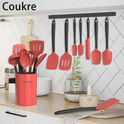 Coukre Silicone Kitchen Cooking Utensils Set with Holder – Heat-Resistant, Food-Grade Kitchen Tools, Spatula, Spoon & Gadgets for Non-Stick Pans, Dishwasher Safe (14, PureBlack)