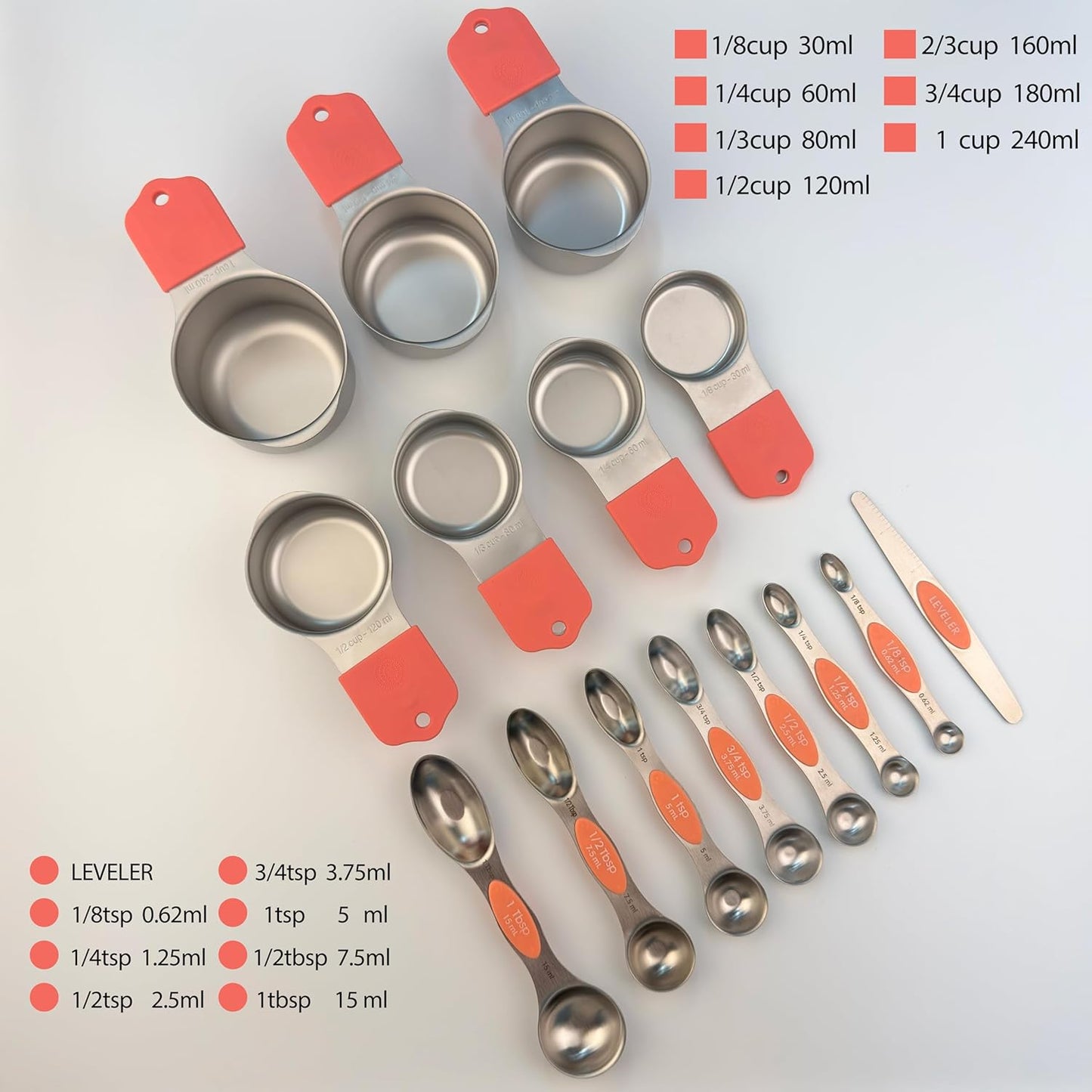 Stainless steel 304 measuring cup and spoon magnetic silicone handle, girl pink, 15-piece set, measuring tools, 7 stainless steel measuring cups, 8 double-sided measuring spoons with scales