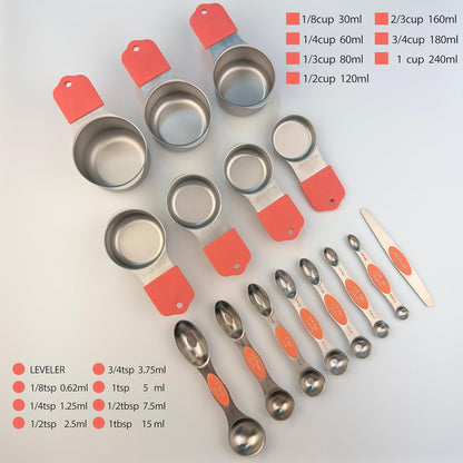 Stainless steel 304 measuring cup and spoon magnetic silicone handle, girl pink, 15-piece set, measuring tools, 7 stainless steel measuring cups, 8 double-sided measuring spoons with scales