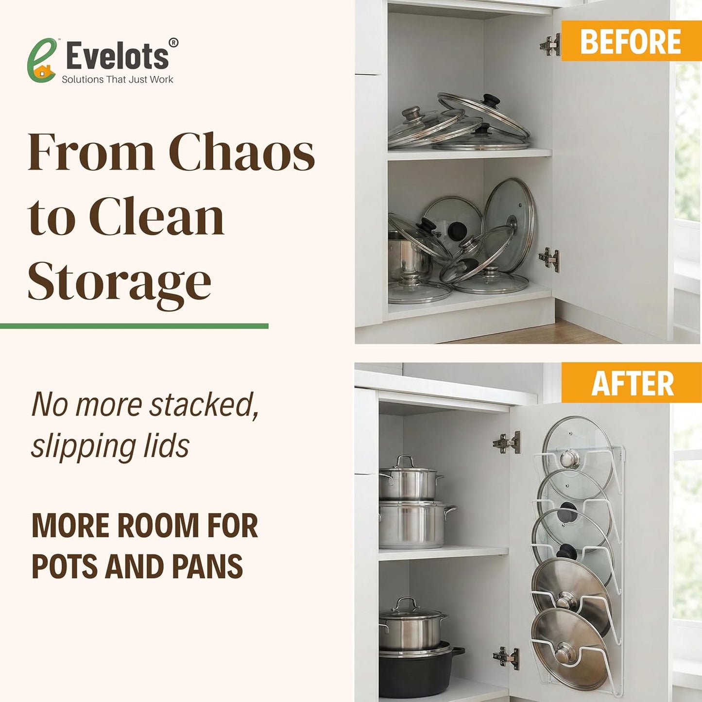 Evelots 6 Pot Lid Organizer for Cabinet Door or Pantry Wall - Closet Door Pots and Pans Lids Holder - Glass or Metal Pan Covers Cabinet Organizer Kitchen Storage - White 6 Tier Lid Rack