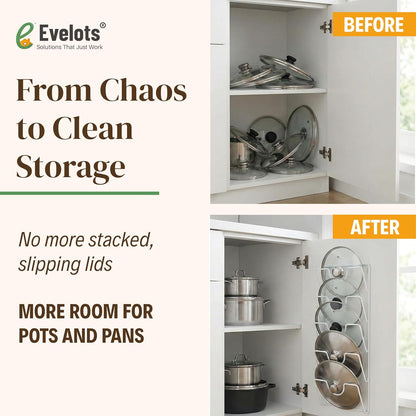 Evelots 6 Pot Lid Organizer for Cabinet Door or Pantry Wall - Closet Door Pots and Pans Lids Holder - Glass or Metal Pan Covers Cabinet Organizer Kitchen Storage - White 6 Tier Lid Rack