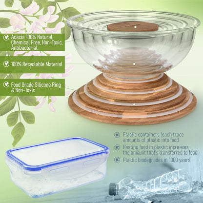 Set of 5 Nesting Glass Bowls with New Updated Acacia Lids for Foodprep, Storage, Mixing & Cooking - Microwave & Oven-ready BPA Free Durable Heat Resistant Inert Borosilicate Glass