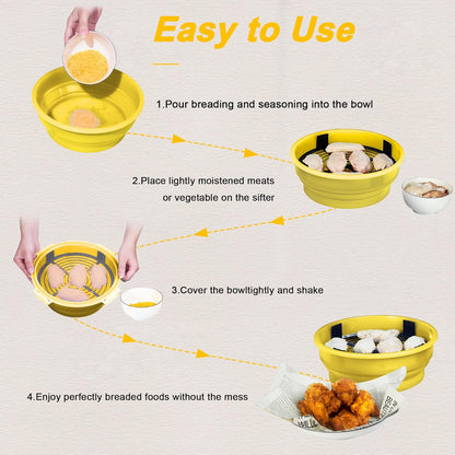 FJNATINH Collapsible Batter Bowl - Mess Free Better Breader Shaker Bowl with Lid Breading Shaker Container - Great for Fried Fish, Fried Chicken, Onion Rings, Wings & More,No Leak,Easy to Store