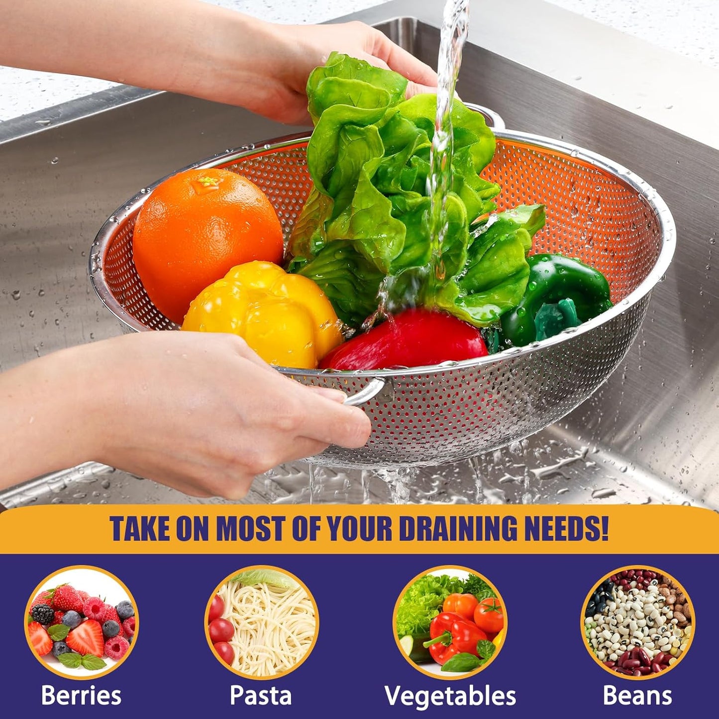E-far Stainless Steel Colander Set of 3 (1-3-5Quart), Micro-Perforated Metal Colander Strainer with Handle for Kitchen/Draining Pasta/Rinsing Vegetables Fruits, Heavy Duty & Dishwasher Safe