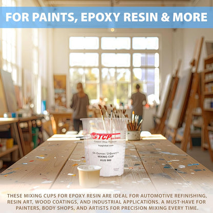 Custom Shop Paint Mixing Cups, 64-Ounce (12 Pack) - Plastic Measuring Cups for Liquids, Automotive Painting, Epoxy Resin, Acrylic Arts, Crafts, Disposable or Reusable, Graduated, Mixing Ratios